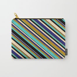 [ Thumbnail: Vibrant Dark Goldenrod, Turquoise, Black, Beige & Midnight Blue Colored Lines Pattern Carry-All Pouch ]