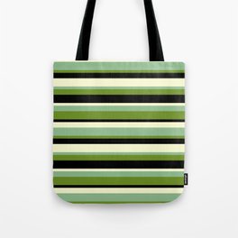 [ Thumbnail: Dark Sea Green, Green, Black & Light Yellow Colored Striped/Lined Pattern Tote Bag ]