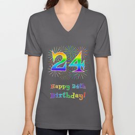 [ Thumbnail: 24th Birthday - Fun Rainbow Spectrum Gradient Pattern Text, Bursting Fireworks Inspired Background V Neck T Shirt V-Neck T-Shirt ]