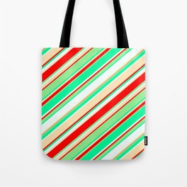 [ Thumbnail: Colorful Red, Light Green, Green, Mint Cream, and Beige Colored Striped Pattern Tote Bag ]