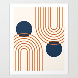 Mid Century Modern Geometric 195 in Navy Blue Orange Art Print