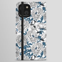 White peonies and blue tit birds iPhone Wallet Case
