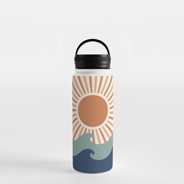 Retro, Sun and Wave Art, Blue and Orange Water Bottle