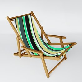 [ Thumbnail: Dark Slate Gray, Black, Tan, Green, and White Colored Lines Pattern Sling Chair ]
