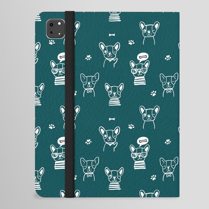 Teal Blue and White Hand Drawn Dog Puppy Pattern iPad Folio Case