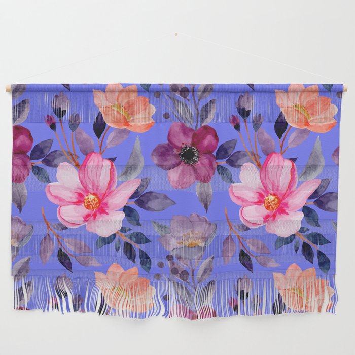 Multicolored Flowers on Blue Background  Wall Hanging