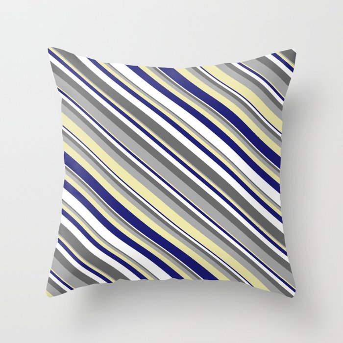 Vibrant Dim Grey, Dark Gray, Pale Goldenrod, Midnight Blue, and White Colored Lined Pattern Throw Pillow