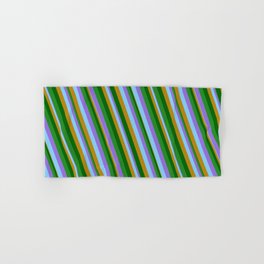 [ Thumbnail: Vibrant Purple, Light Sky Blue, Dark Goldenrod, Dark Green, and Forest Green Colored Lines Pattern Hand & Bath Towel ]