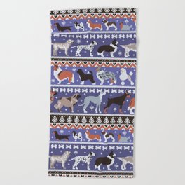 Fluffy and bright fair isle knitting doggie friends // very peri Pantone color of the year 2022 and victoria blue background brown orange white and grey dog breeds  Beach Towel
