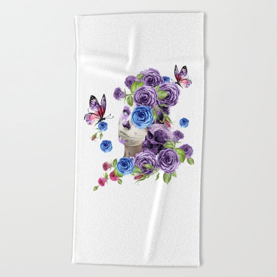 Combination with roses, skull and woman Beach Towel