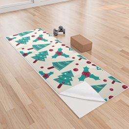 Christmas Pattern Turquoise Red Mistletoe Tree Yoga Towel