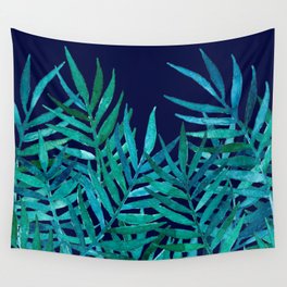 Watercolor Palm Leaves on Navy Wall Tapestry