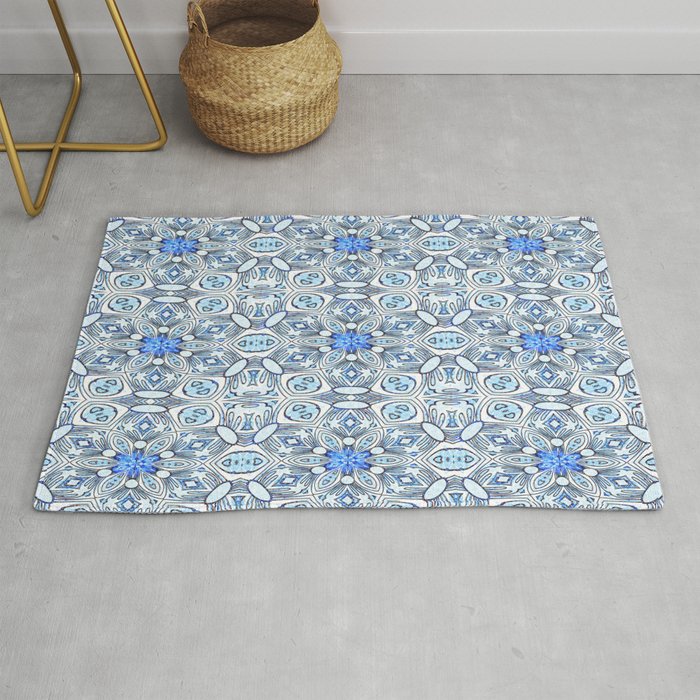 Blue White and Grey Structured Floral Geometric Rug