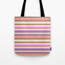 [ Thumbnail: Violet, Gray, Brown, and Beige Colored Lined/Striped Pattern Tote Bag ]