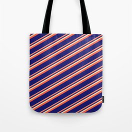 [ Thumbnail: Tan, Red, and Midnight Blue Colored Lined Pattern Tote Bag ]