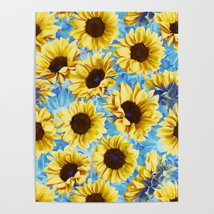 Dreamy Sunflowers on Blue Poster