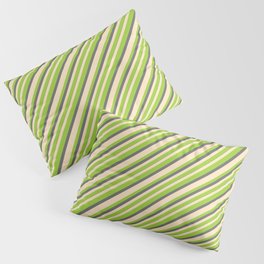 [ Thumbnail: Bisque, Green & Dim Gray Colored Pattern of Stripes Pillow Sham ]