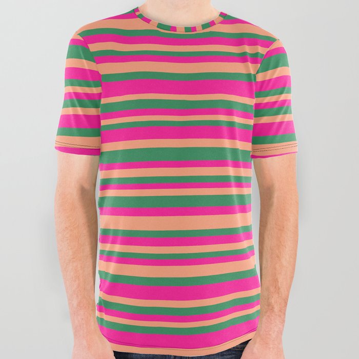 Deep Pink, Light Salmon & Sea Green Colored Lines Pattern All Over Graphic Tee