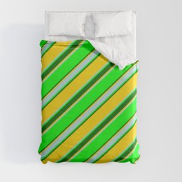 [ Thumbnail: Lime, Dark Green, Yellow & Powder Blue Colored Lines/Stripes Pattern Duvet Cover ]