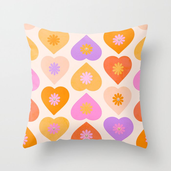 Peachy LOVE Daisy and Heart Pattern  Throw Pillow
