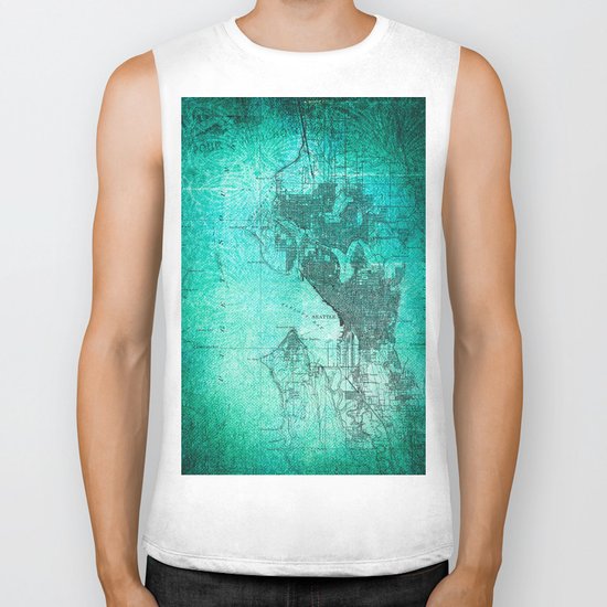 Turquoise Seattle Map Design Biker Tank