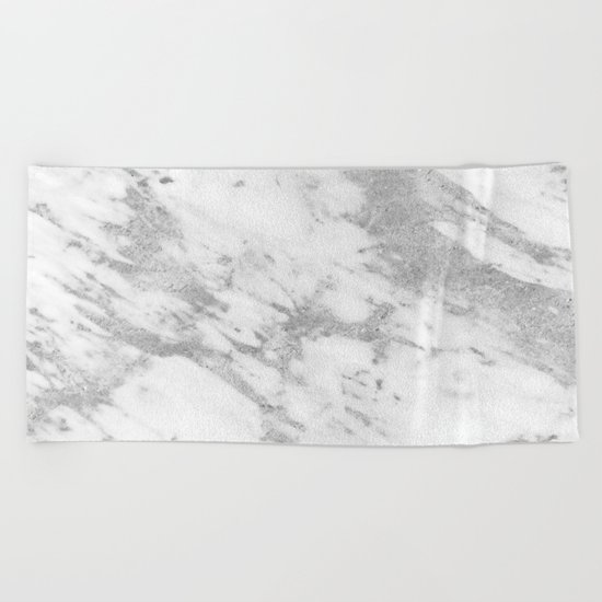 Marble - Silver and White Marble Pattern Beach Towel