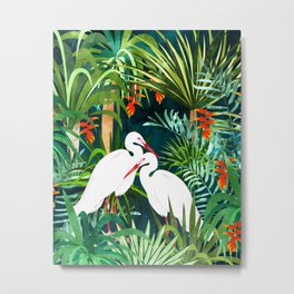 To Me, You're The Perfect Heron, Tropical Jungle Wildlife Animals Birds, Botanical Stork Painting Metal Print | Illustration, Tropical, Plants, Bohemian, Eclectic, Stork, Palms, Watercolor, Animal, Couple 