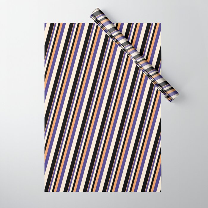 Brown, Dark Slate Blue, Beige & Black Colored Striped Pattern Wrapping Paper