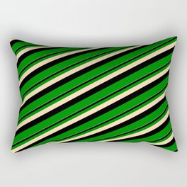 [ Thumbnail: Tan, Black & Green Colored Stripes/Lines Pattern Rectangular Pillow ]