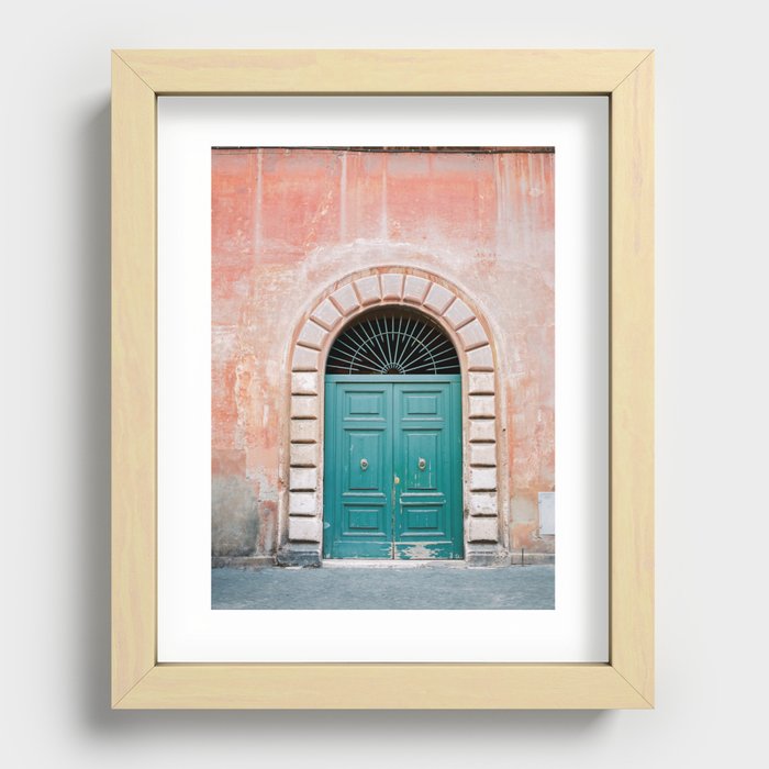 Turquoise Green door in Trastevere, Rome. Travel print Italy - film photography wall art colourful. Recessed Framed Print