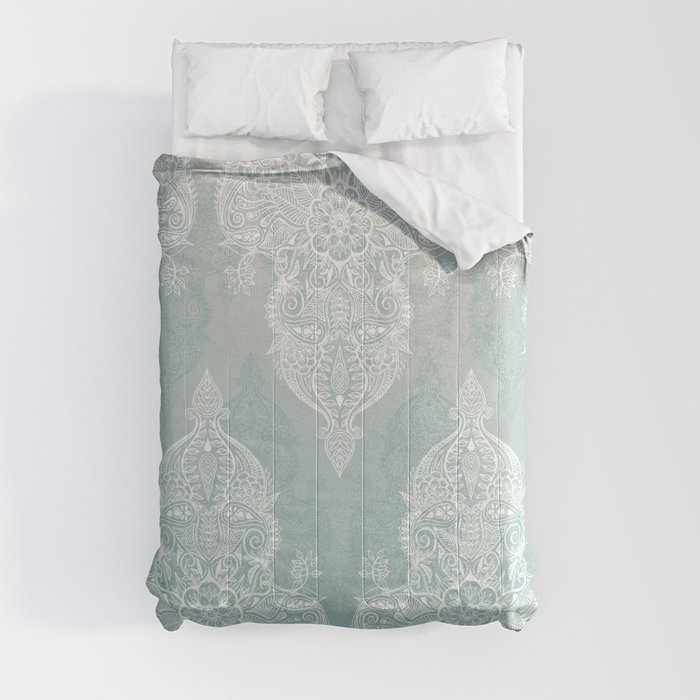 Lace & Shadows - soft sage grey & white Moroccan doodle Comforter