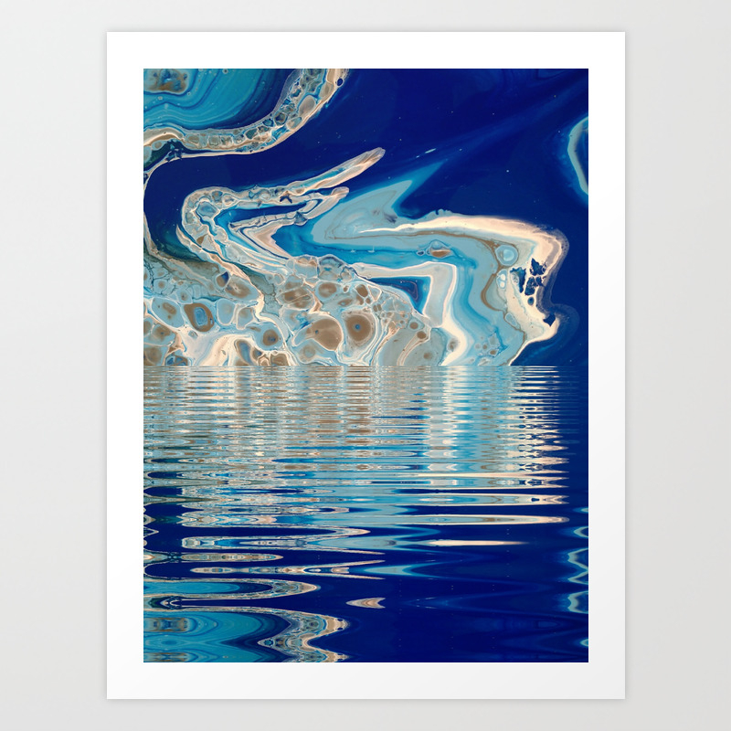 Digital Blue Abstract Art Fluid Acrylic Water Reflection Art Print