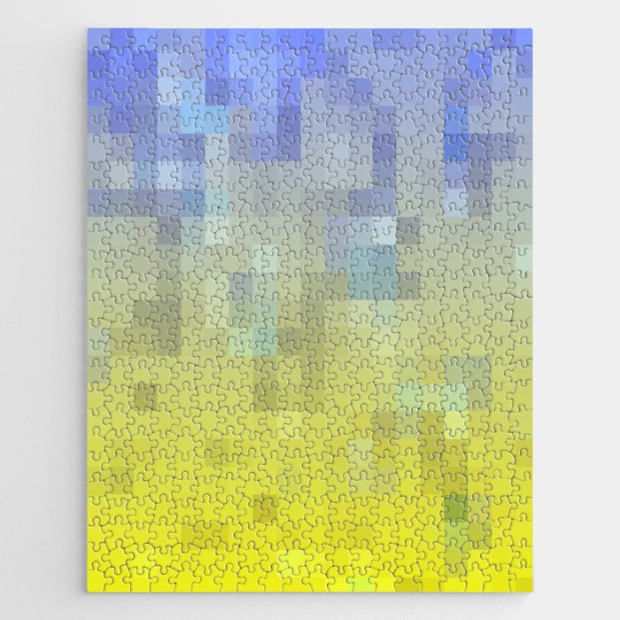 geometric pixel square pattern abstract background in yellow blue Jigsaw Puzzle