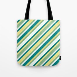 [ Thumbnail: Tan, Dark Sea Green, Mint Cream & Teal Colored Lines/Stripes Pattern Tote Bag ]