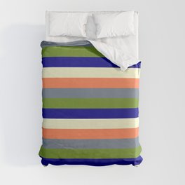 [ Thumbnail: Eye-catching Coral, Slate Gray, Green, Dark Blue & Light Yellow Colored Striped Pattern Duvet Cover ]