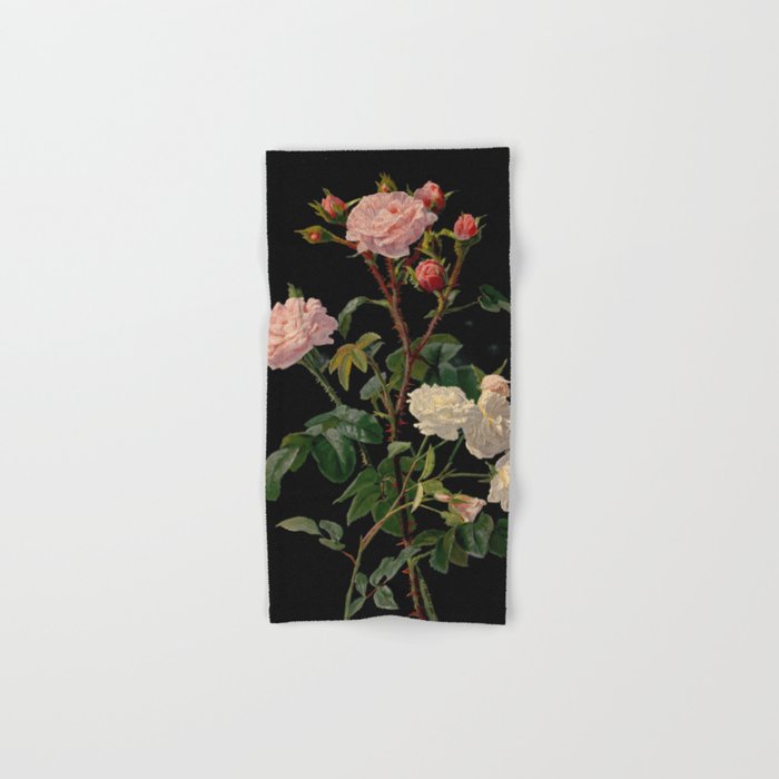 Vintage Botanical Illustration Beautiful Lush Roses Flowers Black Background Hand & Bath Towel
