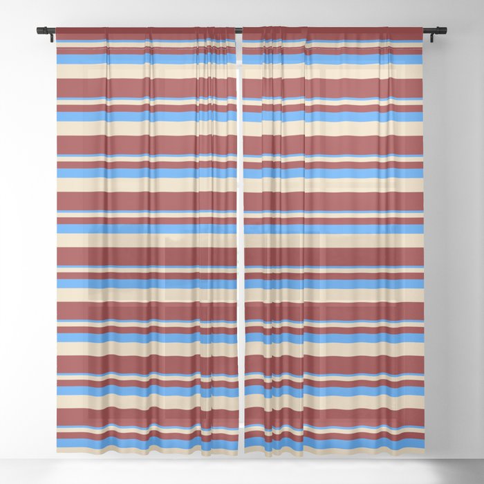 Blue, Tan, and Maroon Colored Lined Pattern Sheer Curtain