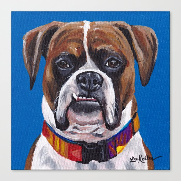 Cute Boxer Painting Blue Dog Painting Canvas Print By Leekeller