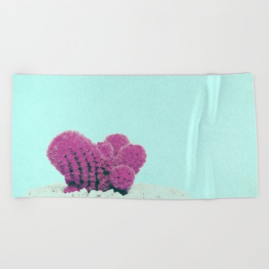 Vintage Pink Cactus on Blue Beach Towel