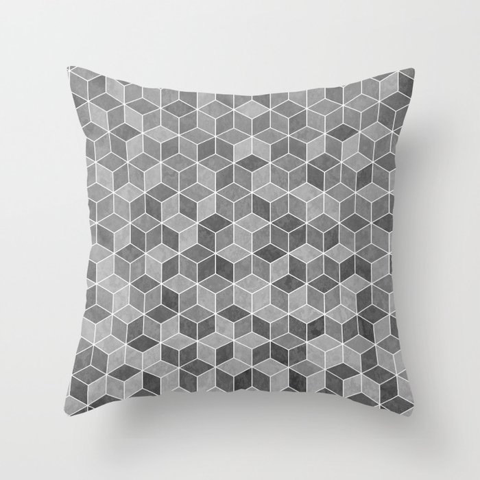 Gray Geometric 3D Concrete Textured Cubes Hexagon Pattern - White Mortar - Neutral Home Decor Throw Pillow