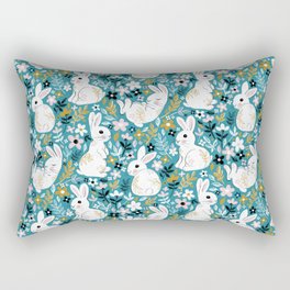 White Chalk Bunny Floral on Teal Rectangular Pillow
