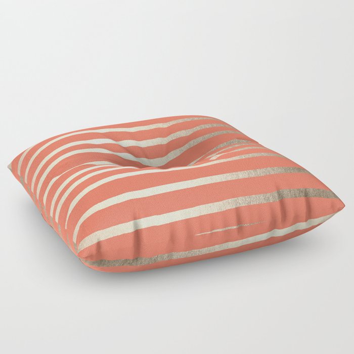 Simply Drawn Stripes in White Gold Sands on Deep Coral Floor Pillow