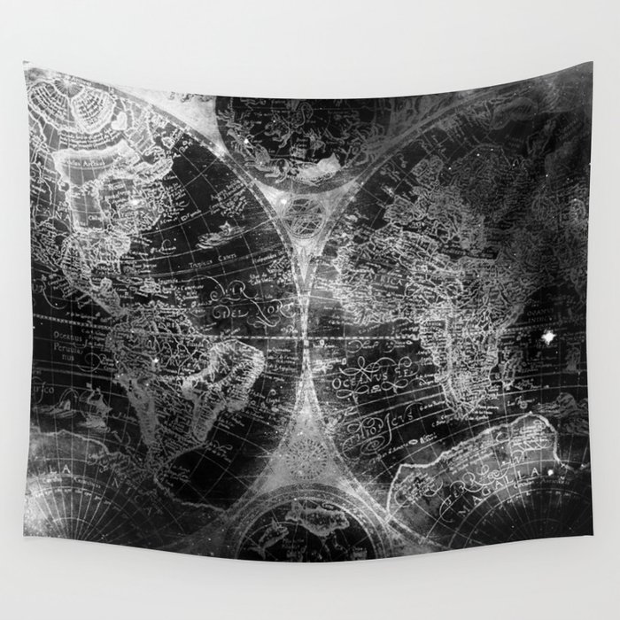 Antique Map Space Stars Black and White Wall Tapestry
