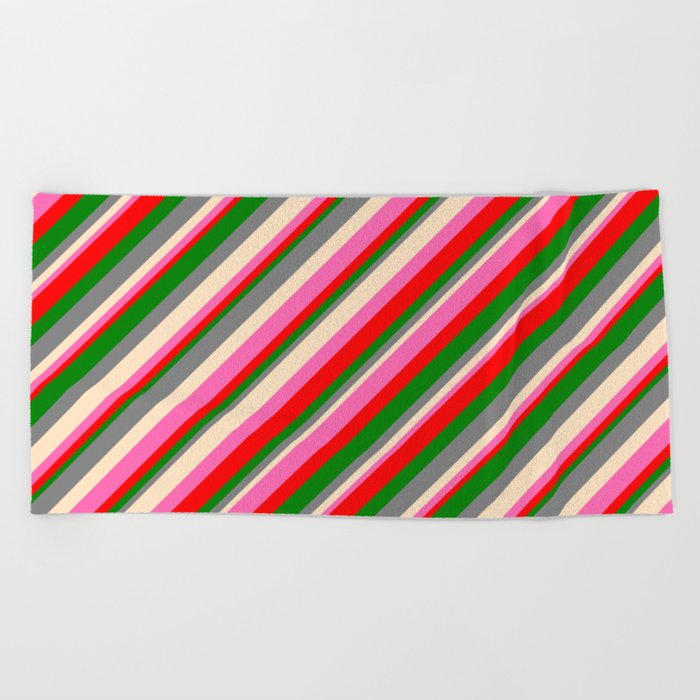 Eye-catching Gray, Bisque, Hot Pink, Red & Green Colored Lines/Stripes Pattern Beach Towel