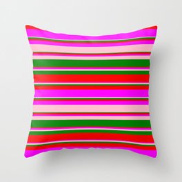 [ Thumbnail: Green, Red, Fuchsia, and Pink Colored Lined/Striped Pattern Throw Pillow ]