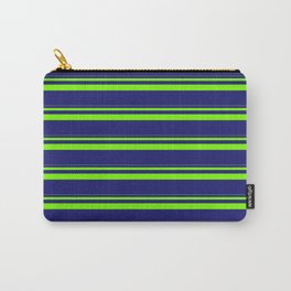 [ Thumbnail: Green & Midnight Blue Colored Stripes Pattern Carry-All Pouch ]