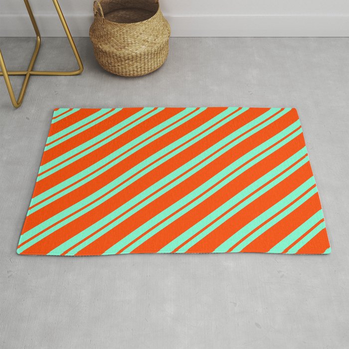 Aquamarine and Red Colored Stripes Pattern Rug