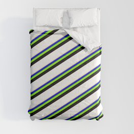 [ Thumbnail: Eyecatching Tan, Blue, Chartreuse, Black & White Colored Lines/Stripes Pattern Comforter ]