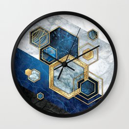 Art Deco Midnight Blue + Gold + White Marble Abstract Geometry Wall Clock