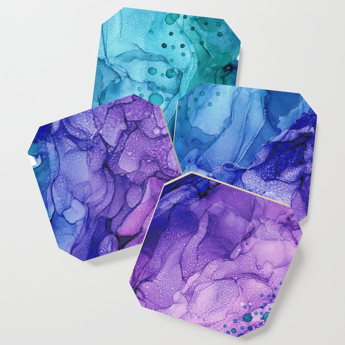 Teal Purple Abstract 521 Alcohol Ink Painting by Herzart Coaster